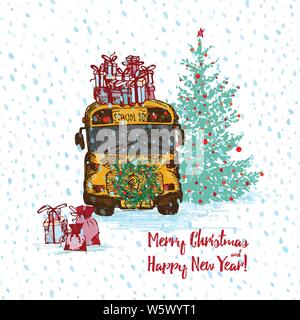 Festive Christmas card. Yellow school bus with fir tree decorated red balls and gifts on roof. White snowy seamless background and text Merry Stock Vector