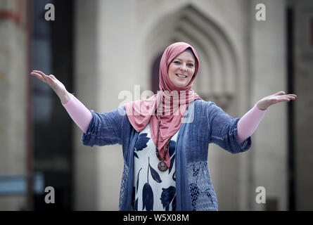 Journalist and human rights activist Lauren Booth outside Edinburgh Central Mosque ahead of her Edinburgh Fringe one woman show 'Accidentally Muslim' which will be performed at the Gilded Balloon throughout the Edinburgh Festival. Stock Photo