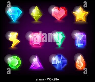 Jewelry gems set magic stone with sparkles for mobile game design. Vector illustration. Stock Vector