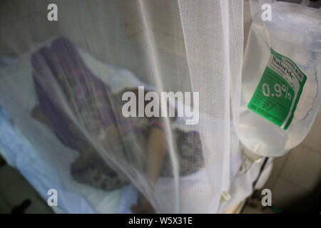 A Dengue patient in an emergency ward at the hospital sleeps under a mosquito net to help fight the spread of Dengue fever in Dhaka. This year, a total of 9,657 dengue patients were reported to have been hospitalised until July 30 since January 1, according to the Directorate General of Health Services (DGHS). Stock Photo