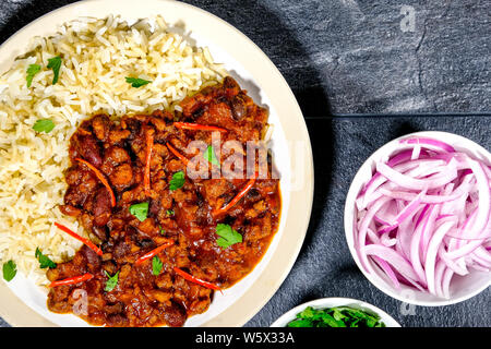 Vegetarian Soya Mince Chilli Con Carne and Rice With Red Chilli and Wholegrain Rice Stock Photo