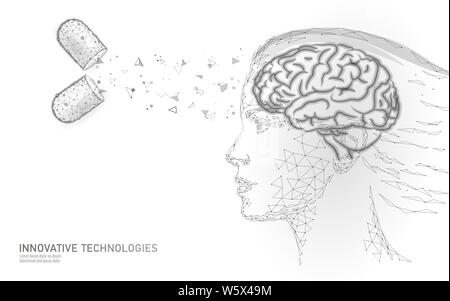 Brain treatment low poly 3D render. Drug nootropic human ability stimulant smart mental health. Medicine cognitive rehabilitation in Alzheimer disease Stock Vector