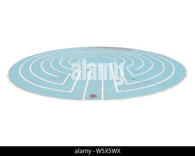 The maze is create of white and blue on the concrete floor and isolated on white background, labyrinth isolated on white background Stock Photo