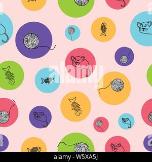 Cute hand drawn pattern background with kittens , fish bones, mice and yarn balls on colorful circles.  Stock Vector