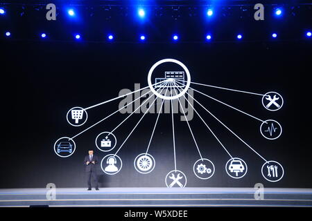 Tom Zhu Xiaotong, head of Tesla's Chinese operations, introduces Tesla virtual services during the World Leading Internet Scientific and Technological Stock Photo