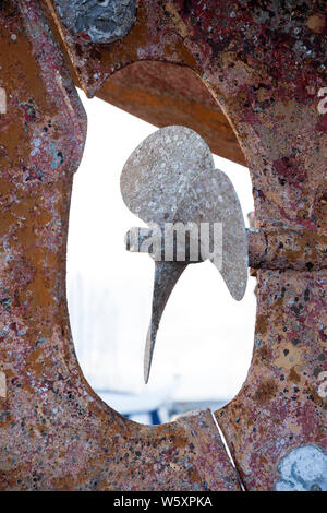 Detail of ship's propeller with barnacles and rust, Gilleleje, Zealand, Denmark, Europe Stock Photo