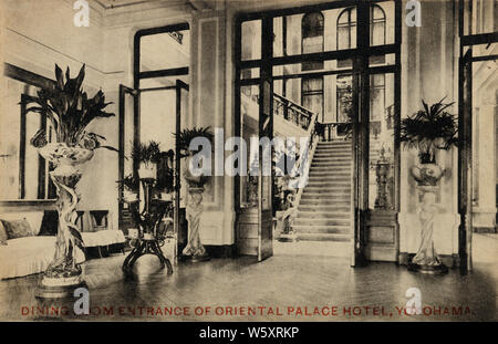 [ 1900s Japan - Interior of Western-Style Hotel in Yokohama ] —   The entrance to the dining room of the Oriental Palace Hotel on Kaigaindori in Yokohama, Kanagawa Prefecture. Located near the French Pier (フランス波止場, Furansu Hatoba), it was opened in 1903 (Meiji 36) and ran until it was destroyed by the Great Kanto Earthquake of September 1, 1923 (Taisho 12).  20th century vintage postcard. Stock Photo