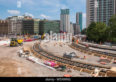 Construction work on the extension of the Midland Metro line continues into Broad Street in Birmingham city centre Stock Photo