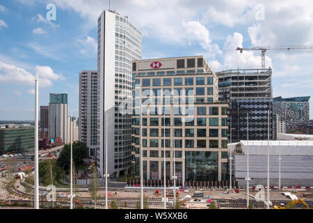 View of Alpha Tower and the new HSBC Head Office in Broad Street, Birmingham from the library roof garden Stock Photo