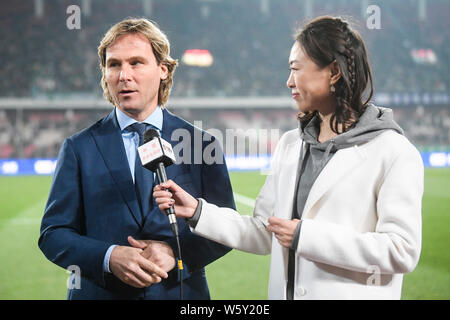 Czech retired footballer and CSL ambassador Pavel Nedved receives an interview before the first leg of Chinese Football Association (CFA) Cup final be Stock Photo
