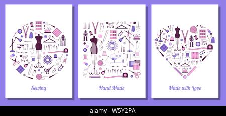 Hand Made Sewing and Tailoring Print Cards Stock Vector