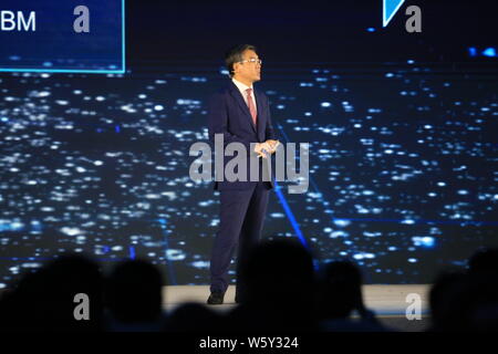 Yan Lida, Director and President of Huawei Enterprise Business Group, introduces Ascend 310 chip during the World Leading Internet Scientific and Tech Stock Photo