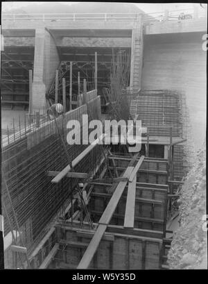 Stewart Mountain Dam. View showing partial construction of the left conterfort wall.; Scope and content:  Photograph from Volume One of a series of photo albums documenting the construction of Roosevelt Dam, Stewart Dam, and other related work on the Salt River Project in Arizona. Stock Photo