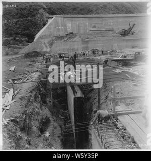 Stewart Mountain Dam. View of downstream cut-off wall, looking toward right wall.; Scope and content:  Photograph from Volume One of a series of photo albums documenting the construction of Roosevelt Dam, Stewart Dam, and other related work on the Salt River Project in Arizona. Stock Photo