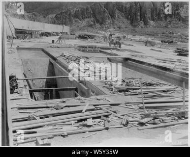 Stewart Mountain spillway. View looking downstream along supported floor 3-4, with floors 2-3 and 4-5 not poured.; Scope and content:  Photograph from Volume One of a series of photo albums documenting the construction of Roosevelt Dam, Stewart Dam, and other related work on the Salt River Project in Arizona. Stock Photo