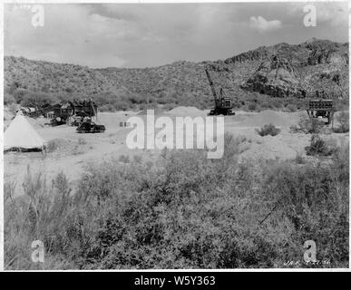 Stewart Mountain spillway. View of gravel plant.; Scope and content:  Photograph from Volume One of a series of photo albums documenting the construction of Roosevelt Dam, Stewart Dam, and other related work on the Salt River Project in Arizona. Stock Photo