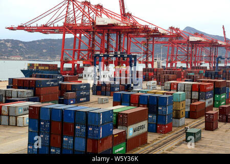 An aerial view of containers stacked at the fully automated container ...