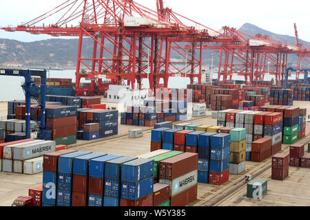 An aerial view of containers stacked at the fully automated container ...