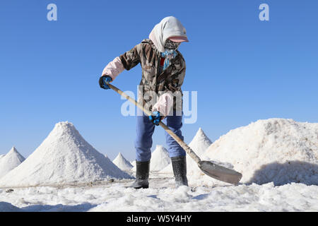 A worker harvests crude salt at Yanchi village of Gaotai county in Zhangye city, northwest China's Gansu province, 31 October 2018. Stock Photo