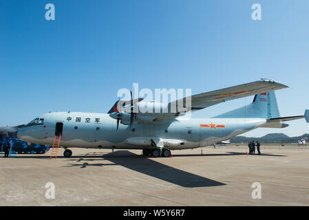 A Shaanxi Y-9 transport aircraft of the Chinese People's Liberation Army (PLA) Air Force is on display during the 12th China International Aviation an Stock Photo