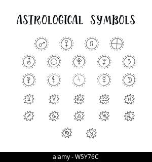 Astrology doodle symbols. Set of astrological graphic design elements. Vector icons collection. Stock Vector