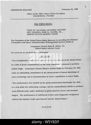 Text Of Citation Awarded Lieutenant Colonel John H Glenn Jr United States Marine Corps February 23 1962 Stock Photo Alamy
