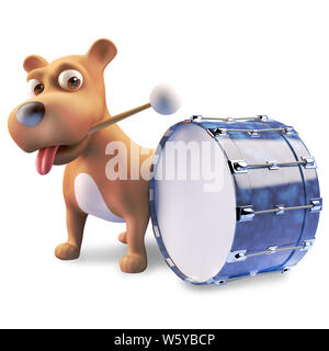 Fun 3d puppy dog cartoon character playing the bass drum, 3d illustration render Stock Photo