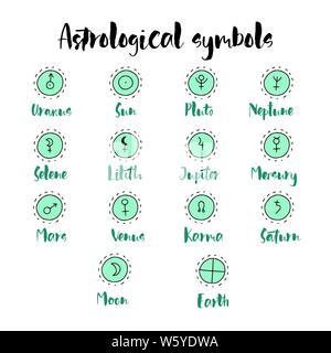 Astrology doodle symbols. Set of astrological graphic design elements. Vector icons collection. Stock Vector