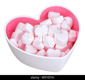 marshmallow for Valentine Day in heart shape bowl isolated on white Stock Photo