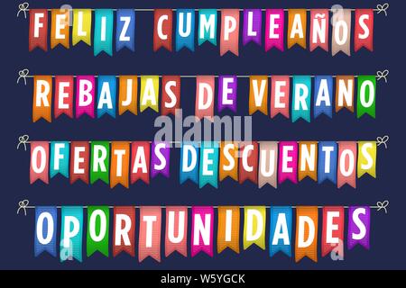 Vector illustration. Happy birthday and sales banner in spanish. Stock Vector