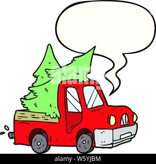 cartoon pickup truck carrying christmas trees with speech bubble Stock Vector