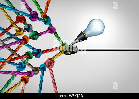 Social media abstract concept and networking solution support as a light bulb holding a group of connected ropes as a creative teamwork symbol. Stock Photo