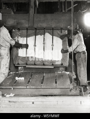 1930s TWO AFRICAN AMERICAN WORKERS REMOVING 500 POUND BALE OF COTTON FROM METAL BAND BALING MACHINE AT COTTON GIN LOUISIANA USA - c6264 HAR001 HARS COPY SPACE FULL-LENGTH PHYSICAL FITNESS PERSONS UNITED STATES OF AMERICA HEAVY MALES RISK PROFESSION AGRICULTURE B&W NORTH AMERICA NORTH AMERICAN SKILL OCCUPATION SKILLS STRENGTH AFRICAN-AMERICANS AFRICAN-AMERICAN REMOVING CAREERS BLACK ETHNICITY LABOR LOUISIANA AT OF OCCUPATIONS CONCEPTUAL GIN BACK BREAKING BALE BALING MID-ADULT MID-ADULT MAN BLACK AND WHITE HAR001 LA OLD FASHIONED AFRICAN AMERICANS Stock Photo