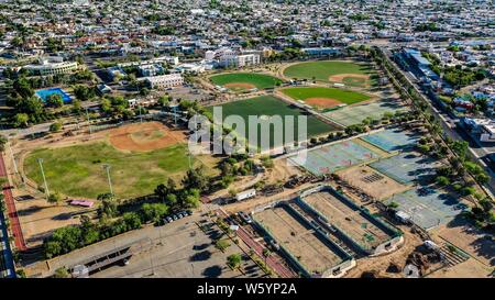 Aerial view of the fields and sports fields and gimmacio of the University of Sonora. The Unison mile. Hermosillo, Sonora. Baseball fields, synthetic grass, soccer fields. (Photo: Luis Gutierrez / NortePhoto.com)  Vista aerea las canchas y campos deportivos y gimmacio de la Universidad de Sonora. La milla de la Unison. Hermosillo, Sonora. Campos de beisbol, pasto sintetico, canchas de futbol.  (Photo: Luis Gutierrez/NortePhoto.com) Stock Photo