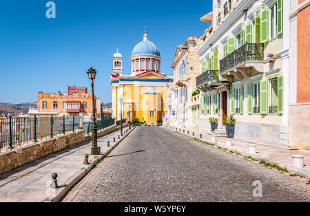 Street with colorful buildings in town center of Ermoupoli, Syros, Greece. Stock Photo