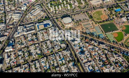 Aerial view of the fields and sports fields and gimmacio of the University of Sonora. The Unison mile. Hermosillo, Sonora. Baseball fields, synthetic grass, soccer fields. (Photo: Luis Gutierrez / NortePhoto.com)  Vista aerea las canchas y campos deportivos y gimmacio de la Universidad de Sonora. La milla de la Unison. Hermosillo, Sonora. Campos de beisbol, pasto sintetico, canchas de futbol.  (Photo: Luis Gutierrez/NortePhoto.com) Stock Photo