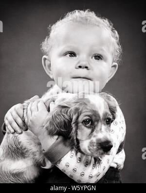 1950s little BLOND girl toddler holding HUGGING YOUNG SAD-EYED cocker spaniel PUPPY DOG LOOKING AT CAMERA - d3834 HAR001 HARS SPIRITUALITY CONFIDENCE COCKER B&W SADNESS EYE CONTACT MAMMALS HEAD AND SHOULDERS PROTECTION STRENGTH CANINES CHOICE COCKER SPANIEL POOCH CONNECTION CONCEPTUAL STYLISH BEST FRIEND CANINE JUVENILES MAMMAL TOGETHERNESS BABY GIRL BLACK AND WHITE CAUCASIAN ETHNICITY HAR001 OLD FASHIONED Stock Photo