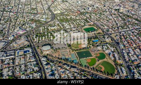 Aerial view of the fields and sports fields and gimmacio of the University of Sonora. The Unison mile. Hermosillo, Sonora. Baseball fields, synthetic grass, soccer fields. (Photo: Luis Gutierrez / NortePhoto.com)  Vista aerea las canchas y campos deportivos y gimmacio de la Universidad de Sonora. La milla de la Unison. Hermosillo, Sonora. Campos de beisbol, pasto sintetico, canchas de futbol.  (Photo: Luis Gutierrez/NortePhoto.com) Stock Photo