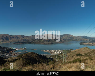 View of Lyttleton Harbour from the top of Christchurch Port Hills Bridle Path Stock Photo