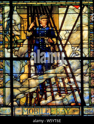 1860s ADMIRAL DAVID FARRAGUT AT 1864 BATTLE OF MOBILE BAY STAINED GLASS WINDOW IN CHAPEL AT US NAVAL ACADEMY ANNAPOLIS MD USA - km5760 VRE001 HARS MALES FORCE OFFICER WARS ADVENTURE STRENGTH STRATEGY ACADEMY MD NAVAL DAVID LEADERSHIP PRIDE AT IN UNIFORMS FORCES CONCEPTUAL 1860s NAVIES ANNAPOLIS AHEAD FARRAGUT REAR ADMIRAL USN DAMN THE TORPEDOES HERO STAINED GLASS 1864 ADMIRAL AMERICAN CIVIL WAR BATTLES CAUCASIAN ETHNICITY CHAPEL CIVIL WAR CONFLICTS OLD FASHIONED
