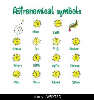 Astrology doodle symbols. Set of astrological graphic design elements. Vector icons collection. Stock Vector