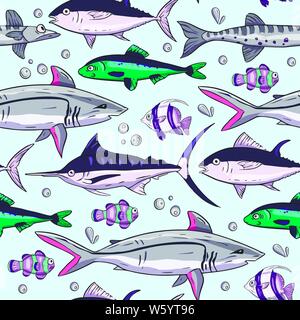 Sea seamless vector pattern. Ocean tropicar exotic illustration with tropical underwater animals - shark, moorish idol, clown fish, swordfish. Marine life. Sea background vector illustration. Stock Vector