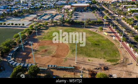 Aerial view of the fields and sports fields and gimmacio of the University of Sonora. The Unison mile. Hermosillo, Sonora. Baseball fields, synthetic grass, soccer fields. (Photo: Luis Gutierrez / NortePhoto.com)  Vista aerea las canchas y campos deportivos y gimmacio de la Universidad de Sonora. La milla de la Unison. Hermosillo, Sonora. Campos de beisbol, pasto sintetico, canchas de futbol.  (Photo: Luis Gutierrez/NortePhoto.com) Stock Photo