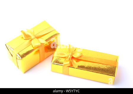 Gift boxes with bow on white background Stock Photo