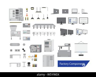 Set of factory components, machines and computer vector illustration Stock Vector