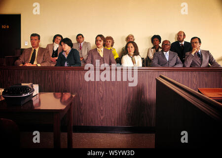 1970s TWELVE PEOPLE MEN WOMEN MEMBERS OF TRIAL JURY SITTING IN JURY BOX INN COURTROOM - ks13989 HAR001 HARS COPY SPACE HALF-LENGTH LADIES TRIAL PERSONS INSPIRATION UNITED STATES OF AMERICA MALES SENIOR MAN SENIOR ADULT MIDDLE-AGED PANEL NORTH AMERICA MIDDLE-AGED MAN SENIOR WOMAN GOALS NORTH AMERICAN SUIT AND TIE MIDDLE-AGED WOMAN ADVENTURE JUDICIAL AFRICAN-AMERICANS AFRICAN-AMERICAN LEADERSHIP BLACK ETHNICITY PRIDE RIGHTS OPPORTUNITY AUTHORITY INN CONCEPTUAL STYLISH SUPPORT JURORS PEERS IDEAS MEMBER MID-ADULT MID-ADULT MAN MID-ADULT WOMAN OBLIGATION TOGETHERNESS YOUNG ADULT MAN Stock Photo