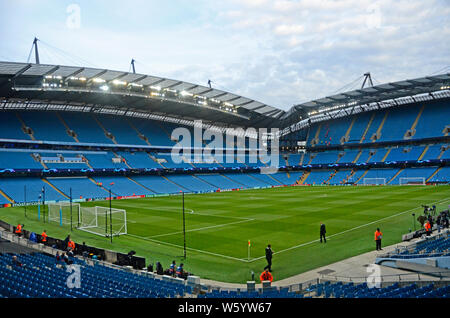 MANCHESTER, ENGLAND - SEPTEMBER 19, 2018: View of the venue pictured prior to the 2018/19 UEFA Champions League Group F game between Manchester City (England) and Olympique Lyonnais (France) at Etihad Stadium.