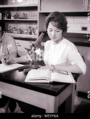 1960s YOUNG WOMAN HIGH SCHOOL STUDENT SITTING AT MICROSCOPE IN BIOLOGY SCIENCE CLASS READING TEXTBOOK WRITING IN NOTEBOOK - s13181 HAR001 HARS FEMALES LABORATORY COPY SPACE HALF-LENGTH PERSONS BIOLOGY CARING TEENAGE GIRL B&W GOALS SCHOOLS HIGH ANGLE DISCOVERY TEXTBOOK AT IN HIGH SCHOOL HIGH SCHOOLS CONNECTION TEENAGED COOPERATION JUVENILES YOUNG ADULT WOMAN BLACK AND WHITE CAUCASIAN ETHNICITY HAR001 OLD FASHIONED Stock Photo