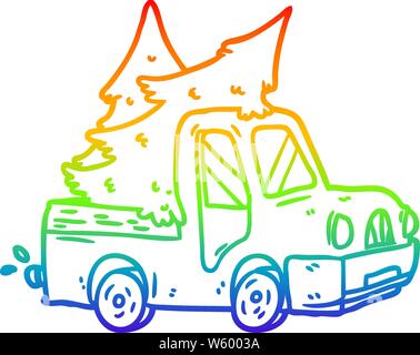 rainbow gradient line drawing of a pickup truck carrying christmas trees Stock Vector