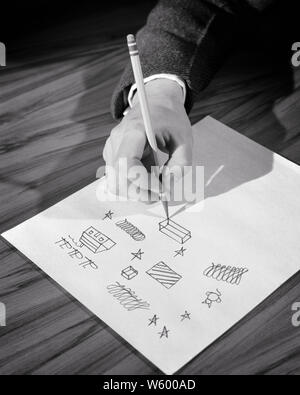 1940s MALE HAND HOLDING PENCIL DRAWING DOODLING SHAPES CUBES RECTANGLES, SCRIBBLES STAR CAT - s2123 HAR001 HARS UNCONSCIOUS RECTANGLES SYMBOLIC CONCEPTS CREATIVITY DOODLES IDEAS MIND SCRIBBLE SHAPES BLACK AND WHITE BOREDOM CAUCASIAN ETHNICITY DOODLE HANDS ONLY HAR001 OLD FASHIONED REPRESENTATION Stock Photo